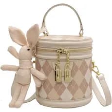 Bolsa de Ombro Transversal com Padrão Romboidal para Mulheres, Bolsa Cilíndrica, Bolsa de Mão com Boneca de Coelho