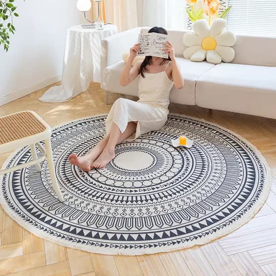 [Novo produto] Tapete redondo ins estilo étnico algodão linho sala de estar sofá tapete quarto cabeceira pé tapete longo
