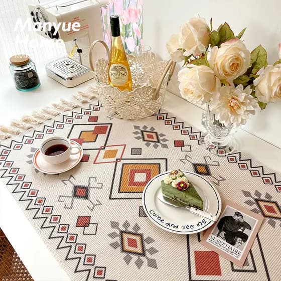 [Novo produto] tecido artesanal borla tapete ins algodão linho atmosfera toalha de mesa tapete de mesa de café capa pano