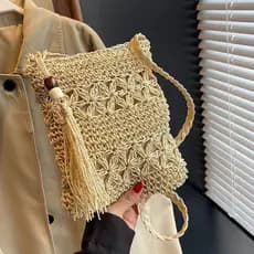 Bolsa Pequena de Verão Feita à Mão, Versátil, de Ombro Único, com Franjas, de Palha, Estilo Novo, para Celular, para Fér