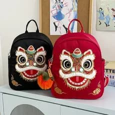 Mochila bordada com tema de dança do leão em estilo chinês para mulheres, mochila vintage versátil de grande capacidade