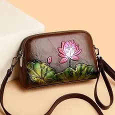 Bolsa feminina de couro macio, modelo novo 2025, design de lótus, estilo chinês, dupla camada, elegante, versátil, exclu