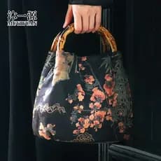 Bolsa de mão retrô com alça de bambu imitação Xiangyunsha, bolsa elegante estilo cheongsam chinês antigo, bolsa Hanfu ar