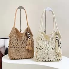 Bolsa de ombro feminina artesanal de algodão, estilo artístico, para férias na praia, bolsa de mão, bolsa de praia, esti