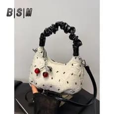 Bolsa Feminina Plissada com Laço, Novo Modelo 2025, Bolsa Transversal Estilo Dumpling Fofa e Exclusiva para Estudantes