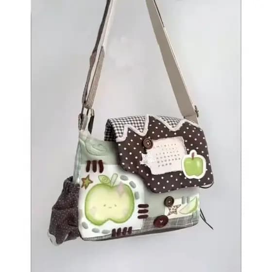 Bolsa transversal estilo vintage, bolsa de lona com patchwork de maçã verde, bolsa com aba em xadrez de bolinhas e bloco