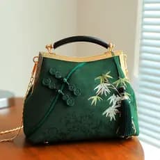 Bolsa feminina bordada estilo vintage, "Bamboo Brings Peace" novo design, produto acabado, bolsa com fecho retrô, bolsa