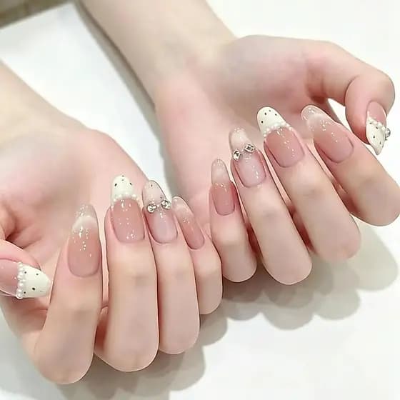 Unhas Postiças Artesanais com Laço, Estilo Olho de Gato Suave, Pérola Francesa, Bolinhas Brilhantes e Elegantes - Compar