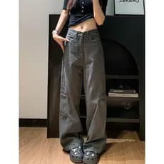 Pequeno novo estilo fino-ajuste Retro All-match Casual calças retas 2025 cinza Machete Jeans de perna larga feminino
