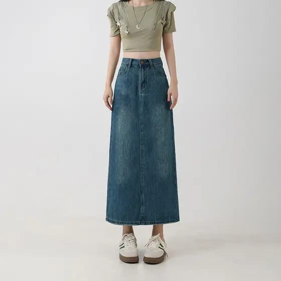 Voltar Split Denim saia Retro azul 2025 verão na moda mais magro olhar cintura alta a linha saia de comprimento médio ro