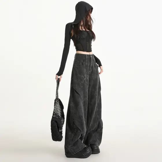 Preto impresso macacão Jeans feminino outono novo estilo nicho Design cintura alta solta desconstrução Machete calças de