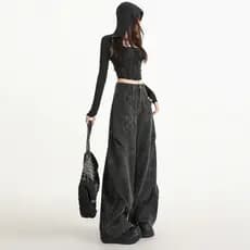 Preto impresso macacão Jeans feminino outono novo estilo nicho Design cintura alta solta desconstrução Machete calças de