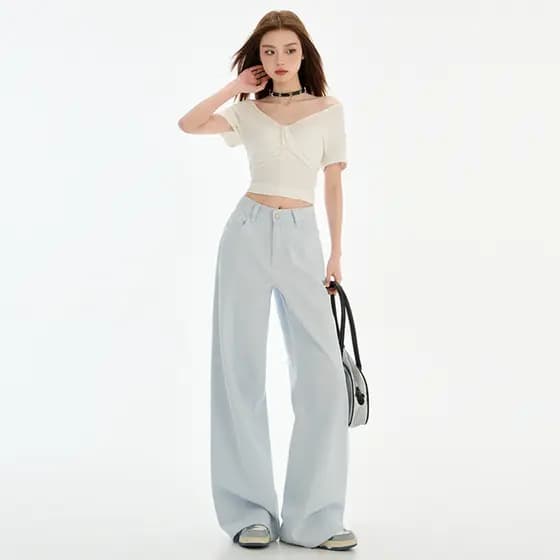 Azul claro Tencel Jeans de perna larga feminino 2026 novo estilo cintura alta solta mais magro olhar pequeno em linha re