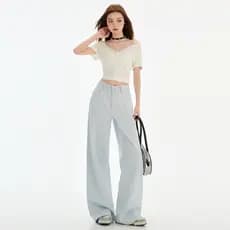 Azul claro Tencel Jeans de perna larga feminino 2026 novo estilo cintura alta solta mais magro olhar pequeno em linha re