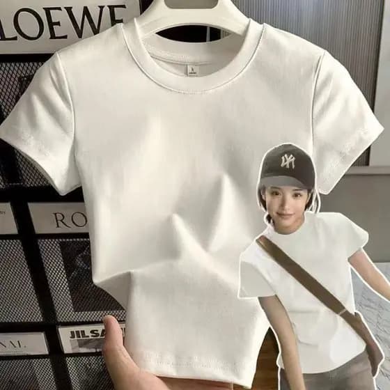 Verão versão coreana doce quente menina magro-ajuste em torno do pescoço de manga curta camiseta novo branco All-Match b