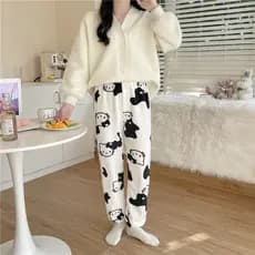 Calças de Pijama Femininas de Fleece Coral com Estampa de Gato, Outono e Inverno, Calças Jogger Quentes NCXO