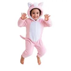 Macacão de Fantasia Infantil Rosa de Pelúcia com Capuz para Meninas QZKC