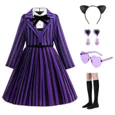 Fantasia de Cosplay da Menina Adams Wednesday 2 para Festa de Halloween, Vestido Plissado de Princesa com Casaco 2025 Wa