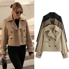 Casaco Curto Feminino, Duplo Abotoamento, Manga Longa, Corte Solto, Moda Casual Elegante para a Primavera VVNH