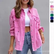 Jaqueta de Denim Rasgada de Manga Longa para Mulheres, Estilo Urbano para Outono e Inverno DPXC USQS 9QBR