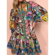 Vestido retrô com decote redondo estampado e cintura plissada (25278) 3814 JUSL