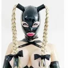 Máscara Erótica de Látex, Zíper Traseiro com Peruca, Cabelo com Duplo Rabo de Cavalo para Mulheres, Cosplay, Fantasias