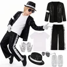 Conjunto de Fantasia Infantil do Michael Jackson para Cosplay, Traje de Performance com Lantejoulas, Fantasia de Palco