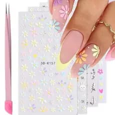 Adesivos de Arte para Unhas com Flores - 5D em Relevo, Designs de Margaridas de Primavera/Verão, Decalques Autoadesivos