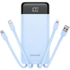 Carregador Portátil Charmast 10000mAh com Cabos Integrados, 6 Saídas e 3 Entradas, Power Bank Compacto, Bateria Essencia