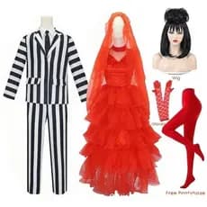 Cosplay Anime Beetlejuice, Fantasia Listrada em Preto e Branco, Vestido de Noiva Vermelho da Lydia, Filme YMAZ