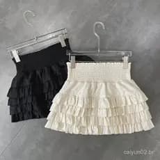 Saia Mini com Babados Estilo Streetwear Y2k para Mulheres, Saia A-line de Cintura Alta com Renda, Estilo Doce Kawaii, Mo