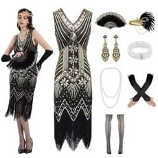 Vestidos Flapper dos Anos 20 para Mulheres com Franjas e Lantejoulas, Vestido Grande Gatsby, Acessórios dos Anos 20 25VT