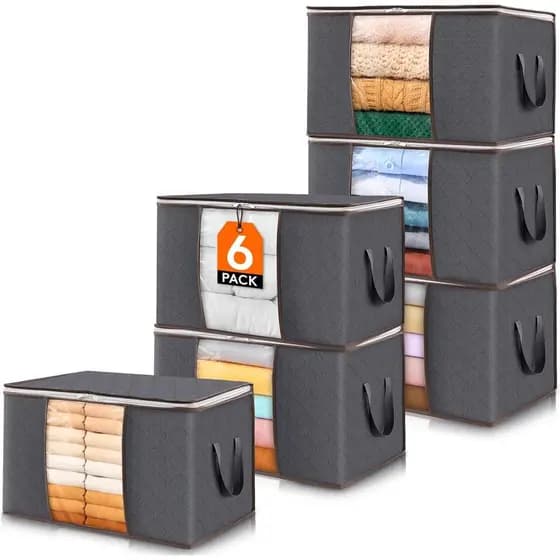 Lifewit Conjunto de 6 Caixas de Armazenamento de Roupas com Tampas, Sacos de Armazenamento de Cobertores Dobráveis com Z