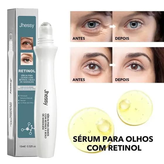 Sérum para Olhos com Retinol e Rolo de Massagem, Antienvelhecimento, Clareador, Antirrugas e para Olheiras, 15ml