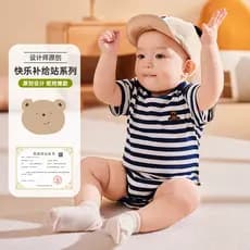 Dudujia roupas infantis pequeno urso dos desenhos animados remendo meninos Bodysuit roupas de verão fino de um ano de id