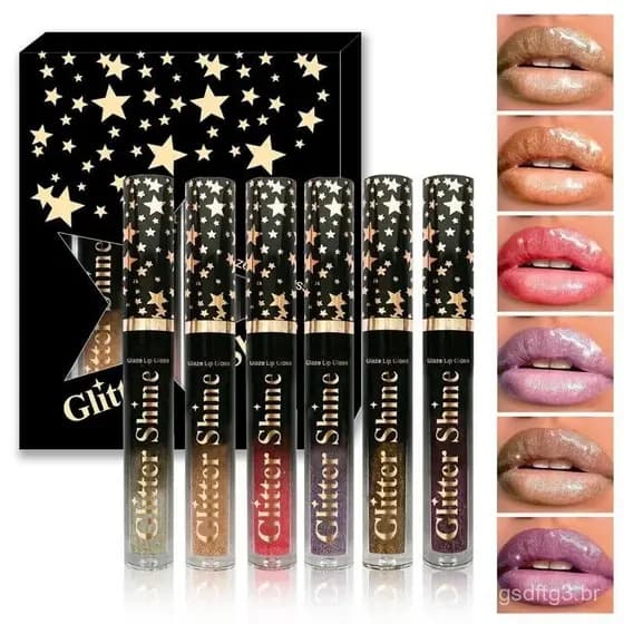 Conjunto de Brilho Labial Hidratante com Glitter em 6 Cores - Maquiagem Labial Brilhante e Hidratante de Longa Duração,