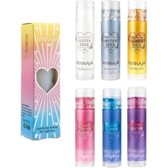 Bastão de Glitter Corporal, Pacote com 6, Maquiagem com Glitter para Cabelo e Corpo para Crianças e Mulheres, Festivais,