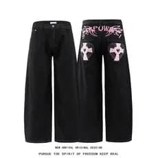 Americano cruz rebites Machete Jeans masculino feminino verão Design solto calças casuais em linha reta calças de perna