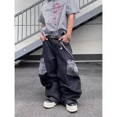 Retro xadrez grande bolso Machete costura Jeans masculino feminino casual estilo americano reto solto casual perna larga