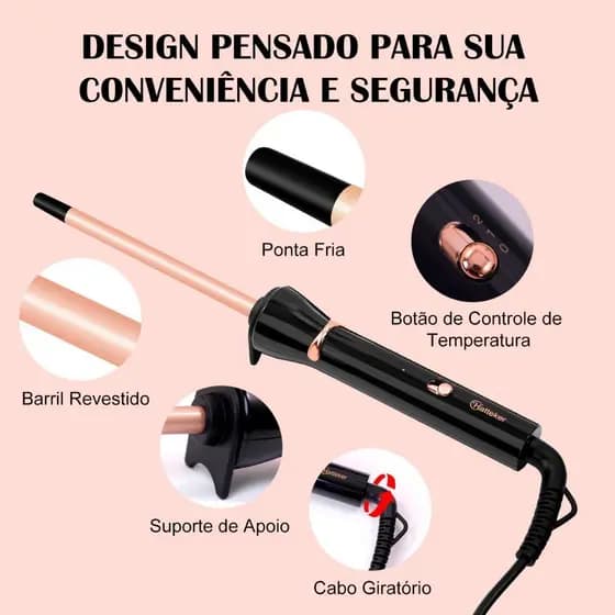 Modelador de Cachos  Cerâmica Com Fio Esquenta Rápido 9mm Professional Bivolt Original Hatteker HT-103