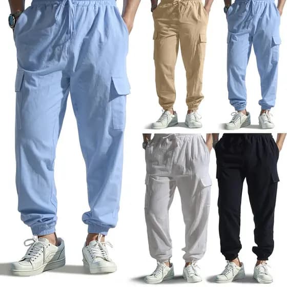 Novas calças masculinas casuais com vários bolsos e fecho de cordão, calças jogger de linho e algodão com corte reto.