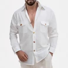 Camisa casual de outono de manga comprida, top solto com decote em V e cor sólida, com bolso no peito com botão.