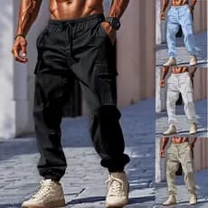 Calças masculinas de algodão e linho estilo americano, calças casuais tipo jogger com vários bolsos, estilo europeu e am