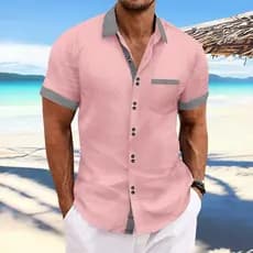2026 Nova Camisa Casual Masculina de Verão, Listrada, de Manga Curta, com Botões Duplos, Estilo Slim-Fit para Negócios