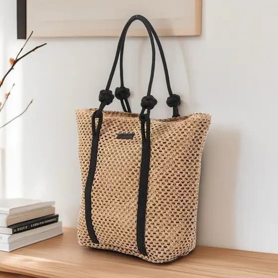 Bolsa de Lona Feminina Elegante de Grande Capacidade, Bolsa de Praia Trançada, Bolsa de Palha, Bolsa de Viagem para o Di