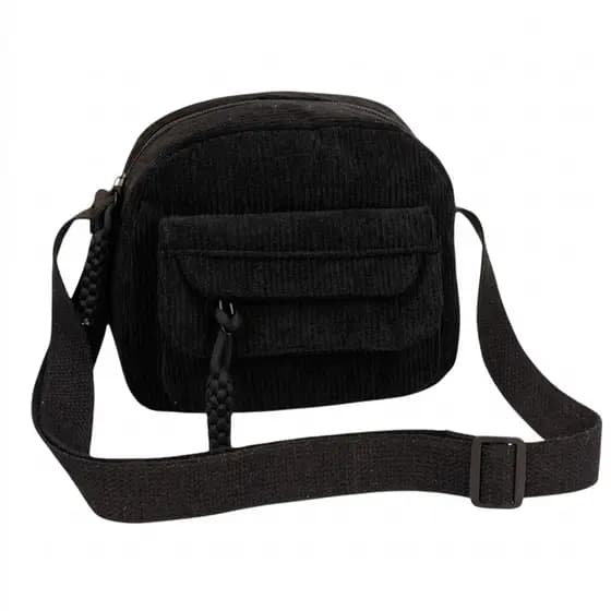Bolsa Transversal Veludo Tiracolo Cotelê Pequena Estilo Cor:Preto