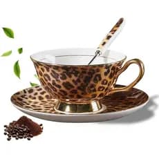 Conjunto de Xícara e Pires de Chá com Estampa de Leopardo e Borda Dourada, 7oz/200ml, Xícara de Porcelana Exquisita com