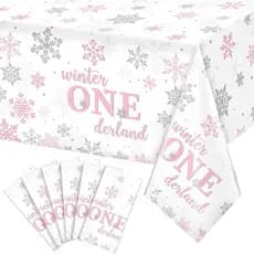 6 Peças de Toalhas de Mesa Descartáveis para o Primeiro Aniversário de Inverno Onederland, em Rosa e Prata com Flocos de