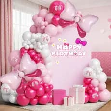 Kit de Arco de Balões com Gato de Desenho Animado, Guirlanda de Balões Duplamente Preenchidos em Rosa Choque, Rosa Claro