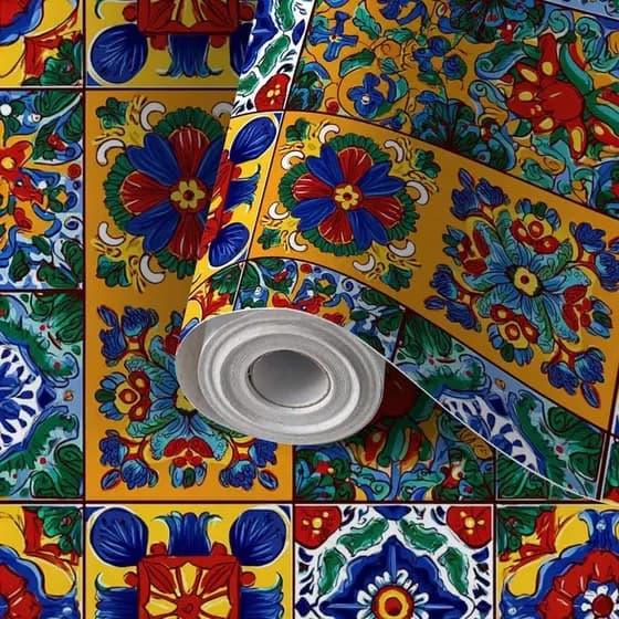 Papel de Parede Autoadesivo Removível, Mural de Parede com Padrão de Azulejo Cerâmico Mexicano Talavera, Decoração Sem C